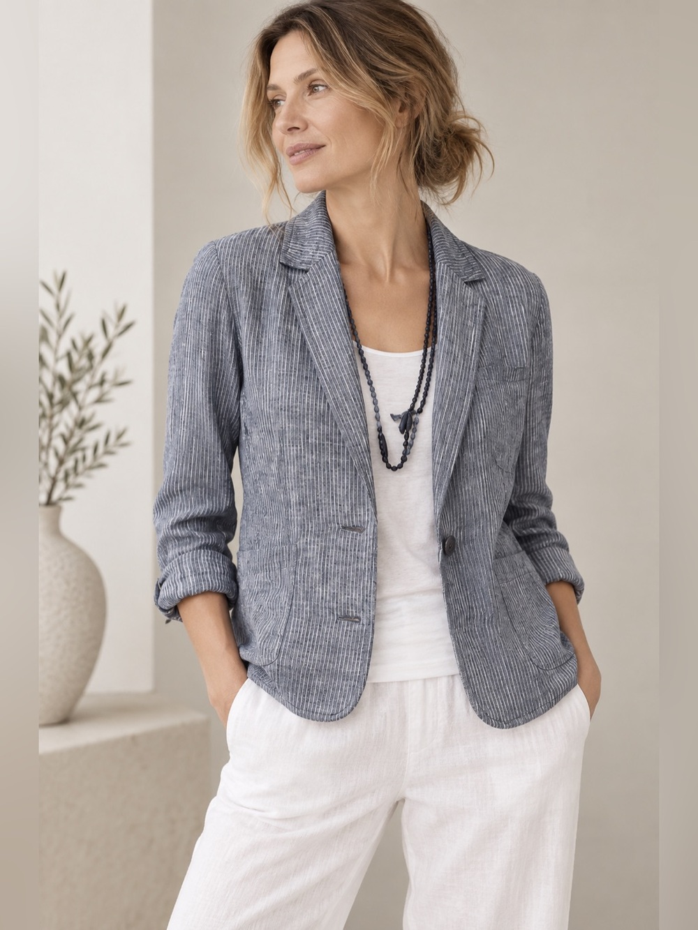 Eileen Fisher Linen Pinstripe Blazer Size XS